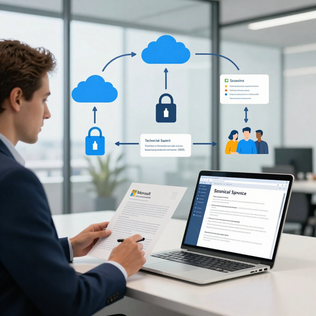 Businessman reviewing a laptop in a modern office with cloud security icons and documents on the desk