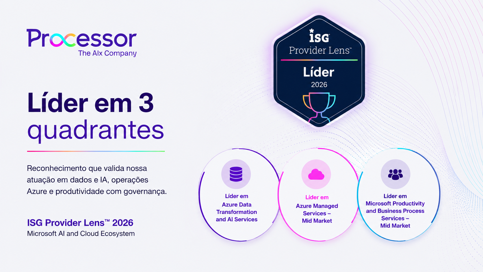Infográfico roxo e branco “Líder em 3 quadrantes” com selo no topo e três círculos de destaque.