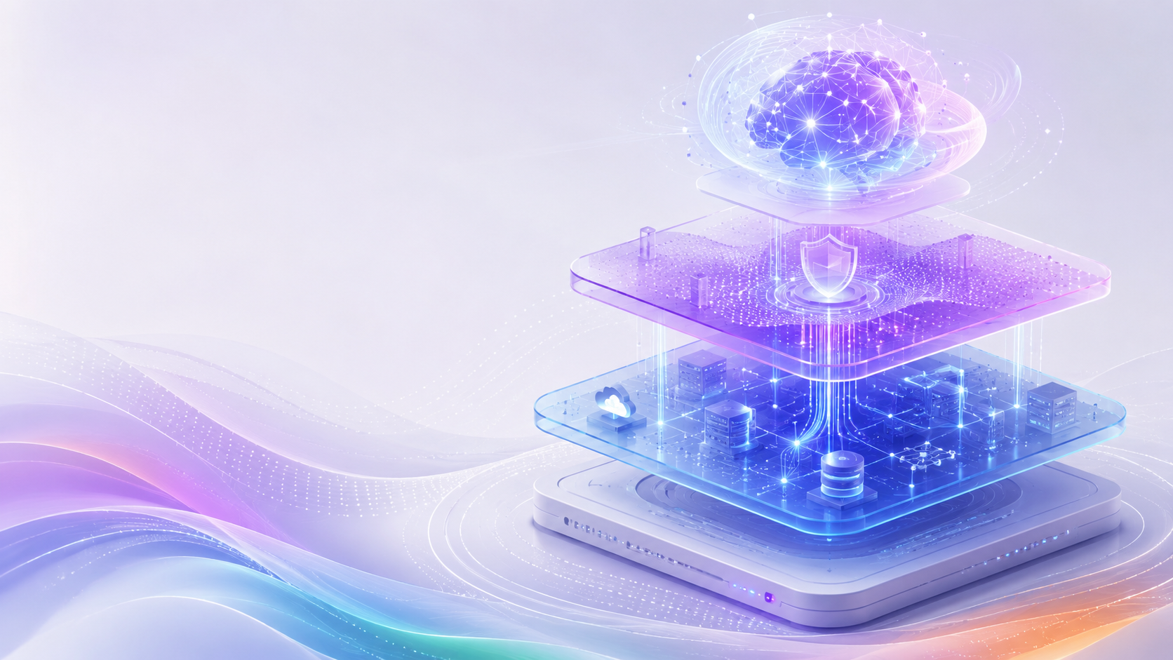 Glowing futuristic layered platform with blue-purple digital orb and floating light effects on a soft gradient background