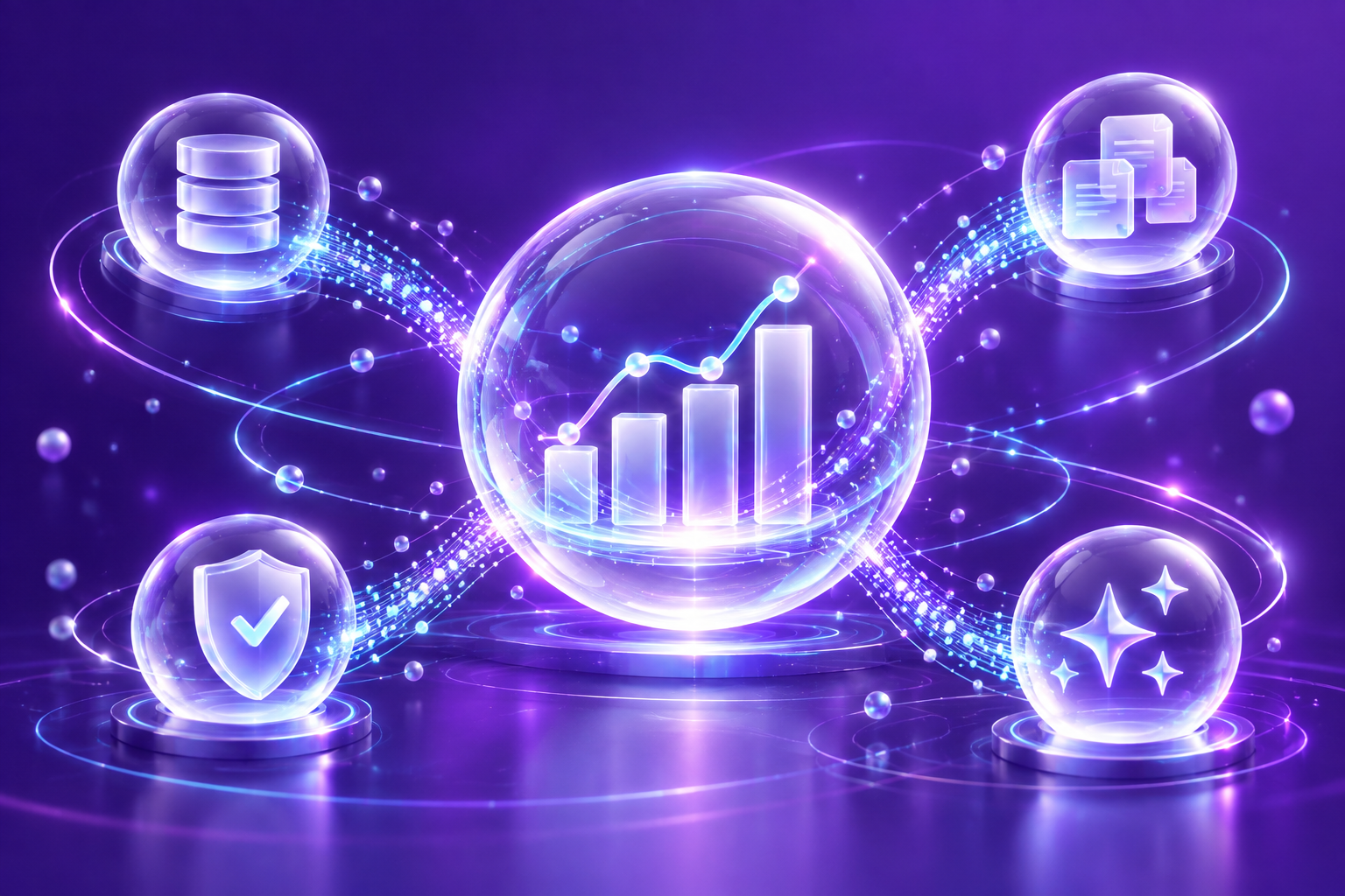 Glowing purple finance dashboard with rising chart, coin icons, shield, and stars