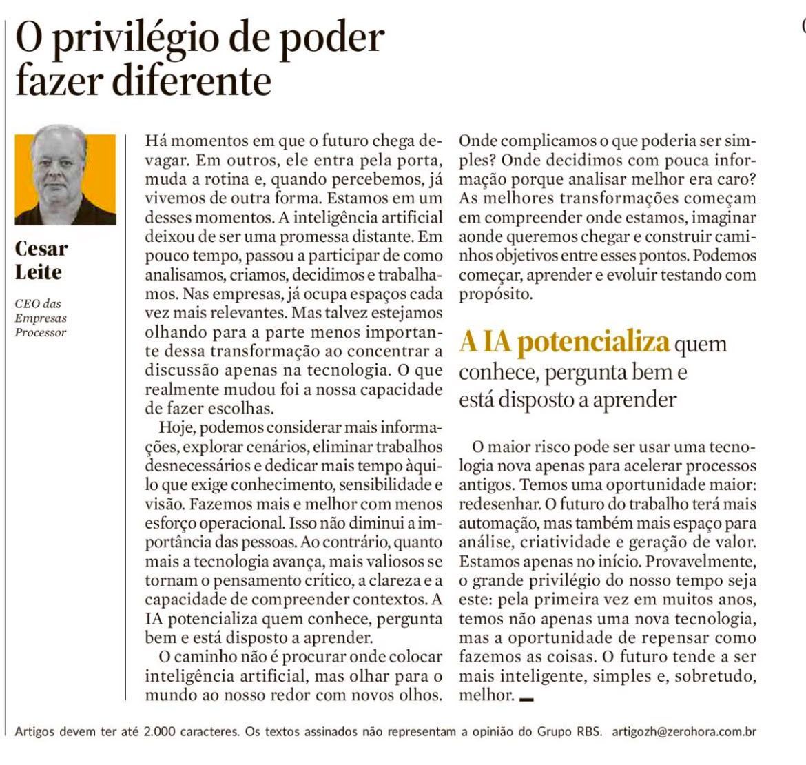 Página de artigo em português sobre “O privilégio de poder fazer diferente”, com retrato pequeno à esquerda.