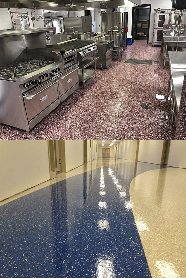 Arriba: Cocina comercial con suelo moteado rojo y electrodomésticos de acero inoxidable. Abajo: Pasillo con suelo moteado azul y beige.