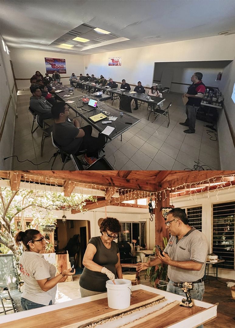 Arriba: Capacitación en el aula con el presentador y los asistentes sentados. Abajo: Personas trabajando en un proyecto al aire libre.