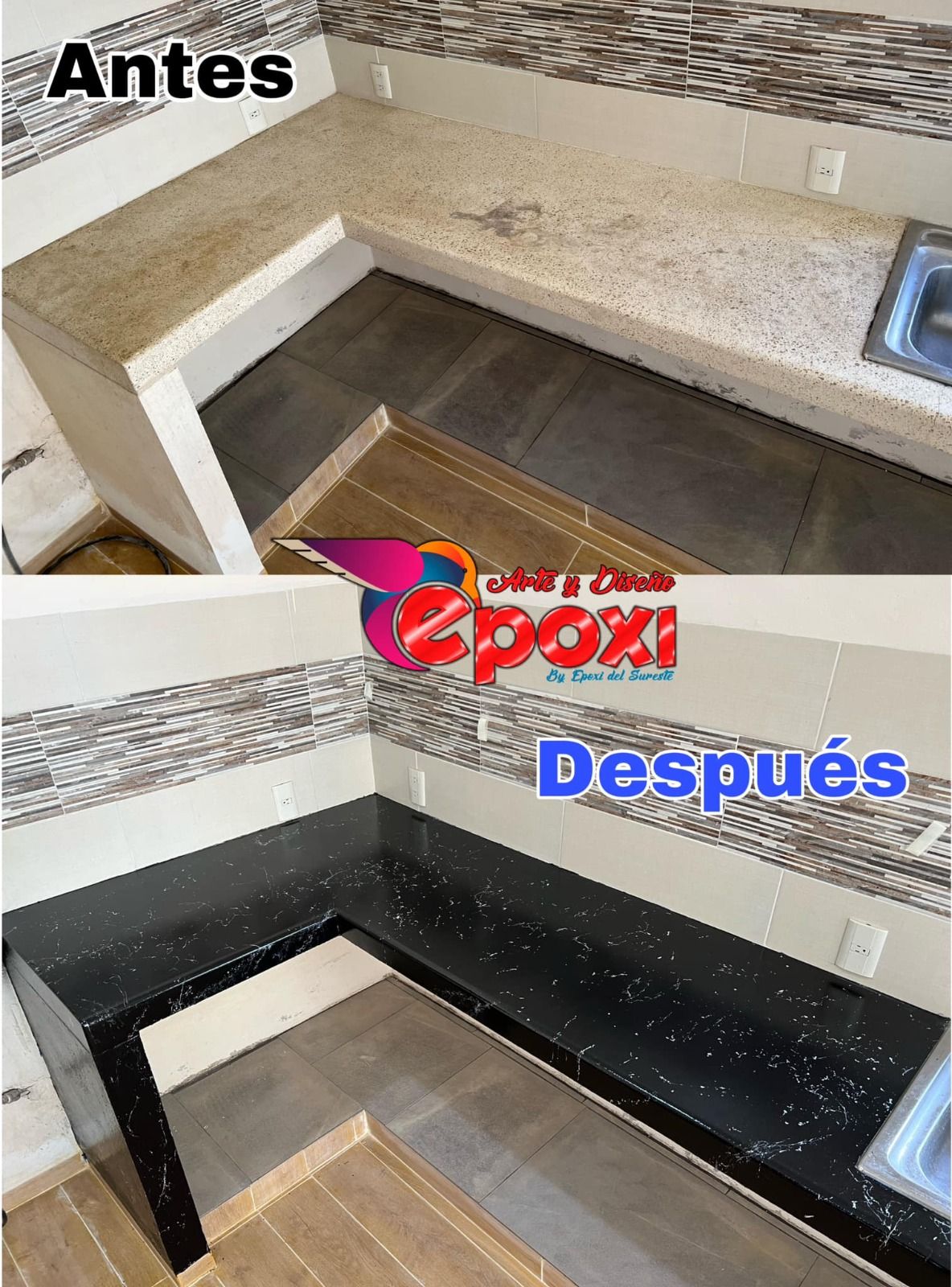 Encimera de cocina antes y después de aplicar la resina epoxi. Arriba: beige sucio; abajo: negro brillante con motas.