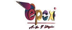Logotipo para Epexi Arte y Diseño, con texto y formas coloridas sobre fondo blanco.