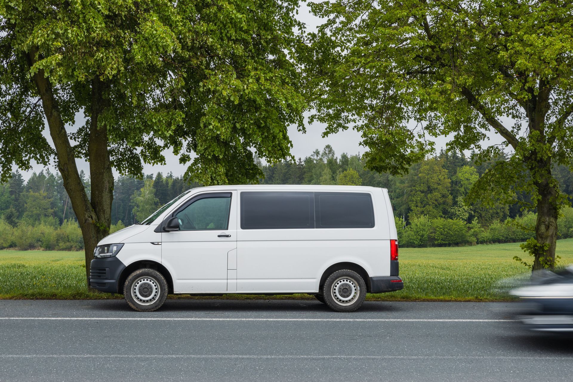 White van parked by roadside under trees, with a blurred car passing in front