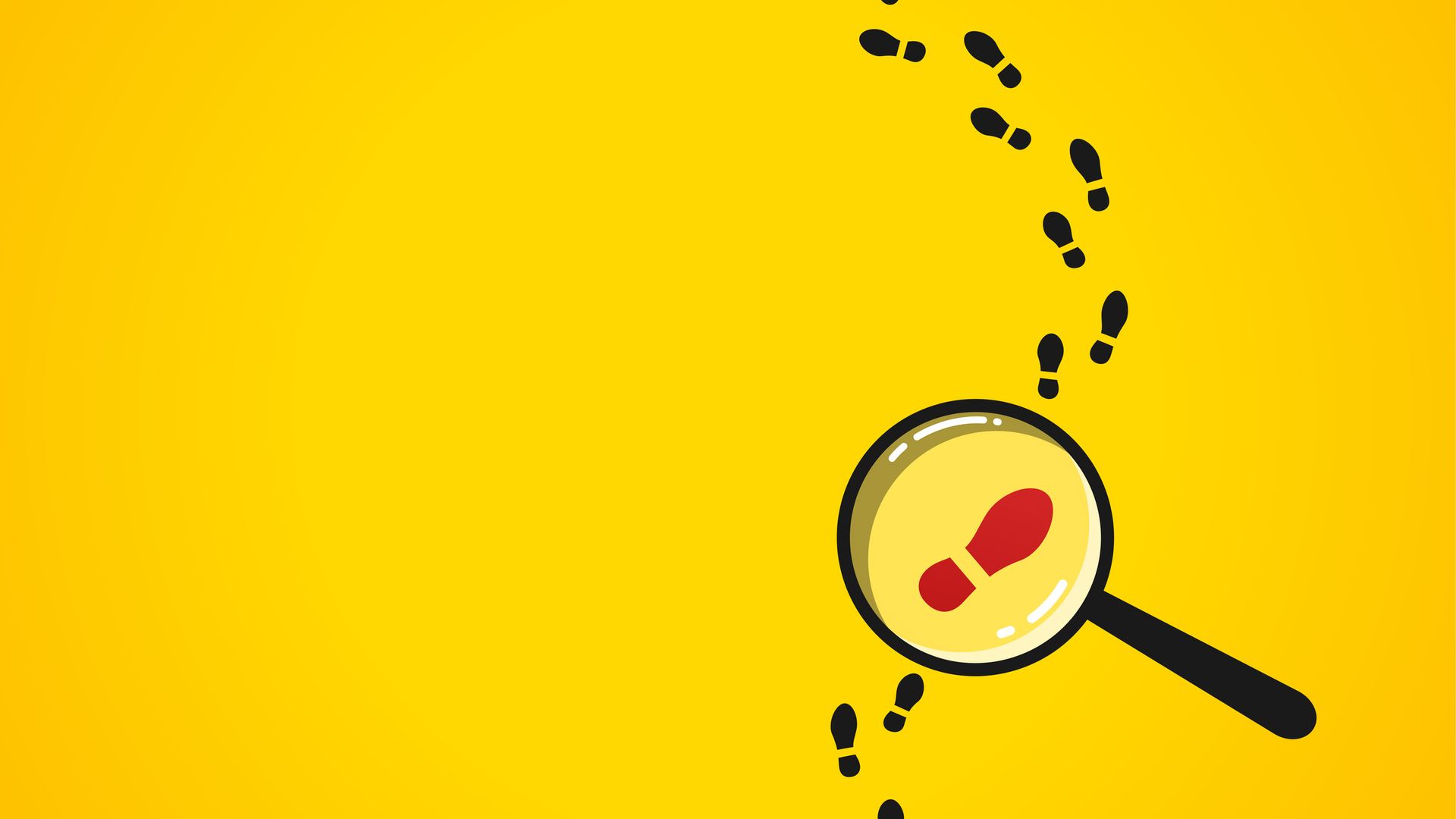 Magnifying glass over black footprints on yellow background.