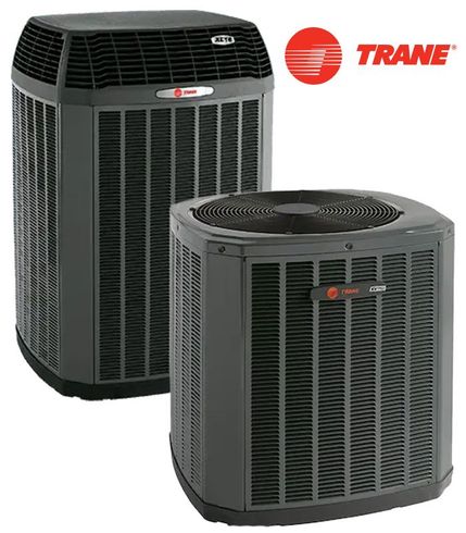 Two gray Trane air conditioning units on a white background