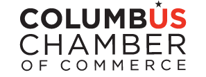 The columbus chamber of commerce logo is black and red on a white background.
