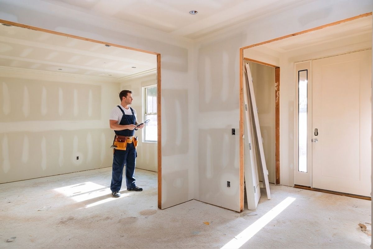 A newly fitted drywall panel section secured within an existing interior wall.