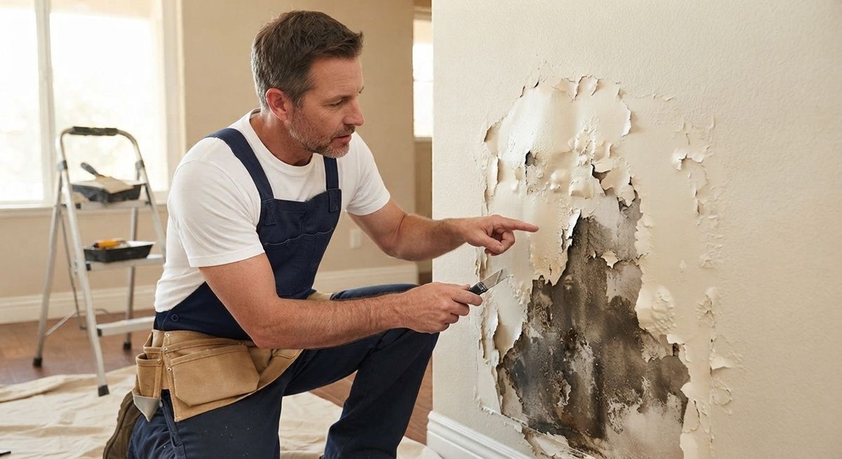 Bubbling paint on water-damaged drywall in a Merced, CA home