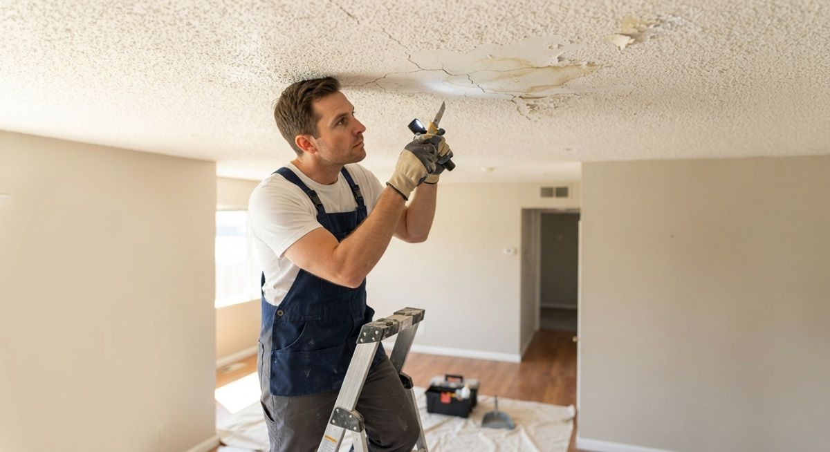 Damaged popcorn ceiling being evaluated for repair and removal costs in Merced