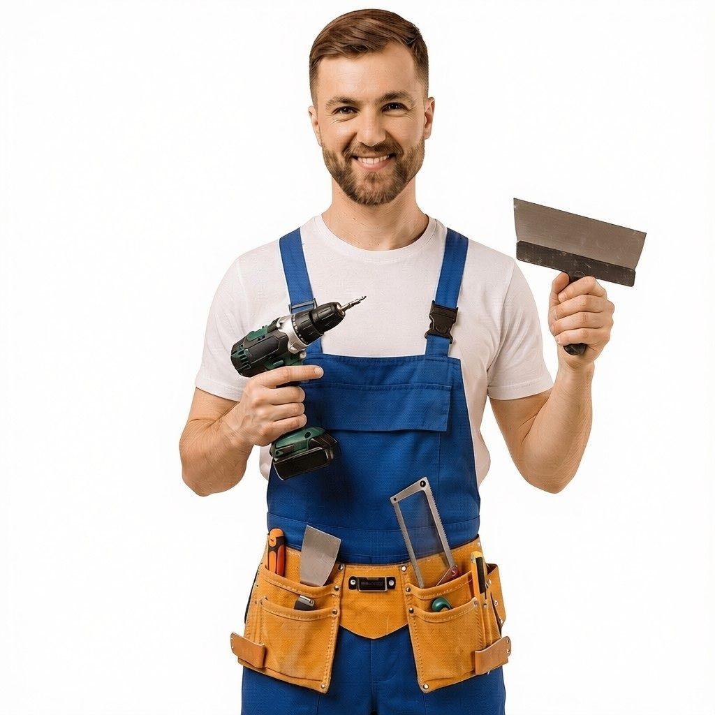 drywall repair technician holding tools