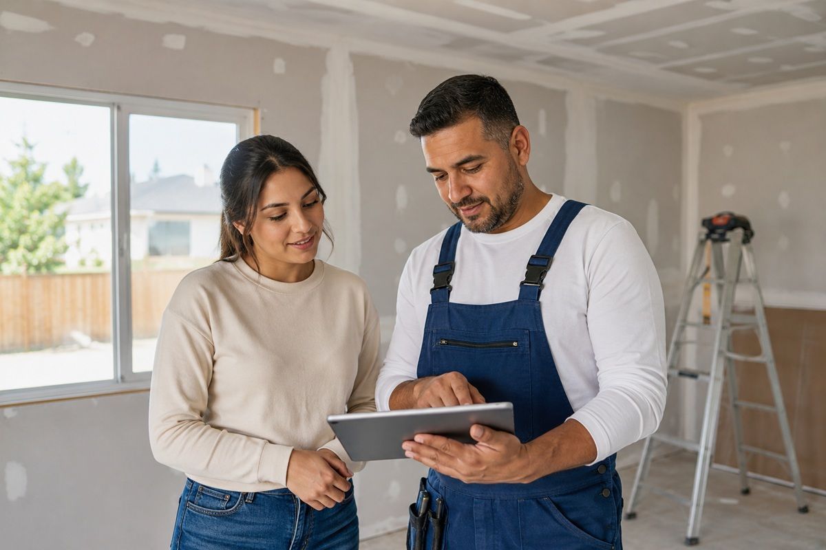 Homeowner discussing a drywall installation estimate with a technician in Merced