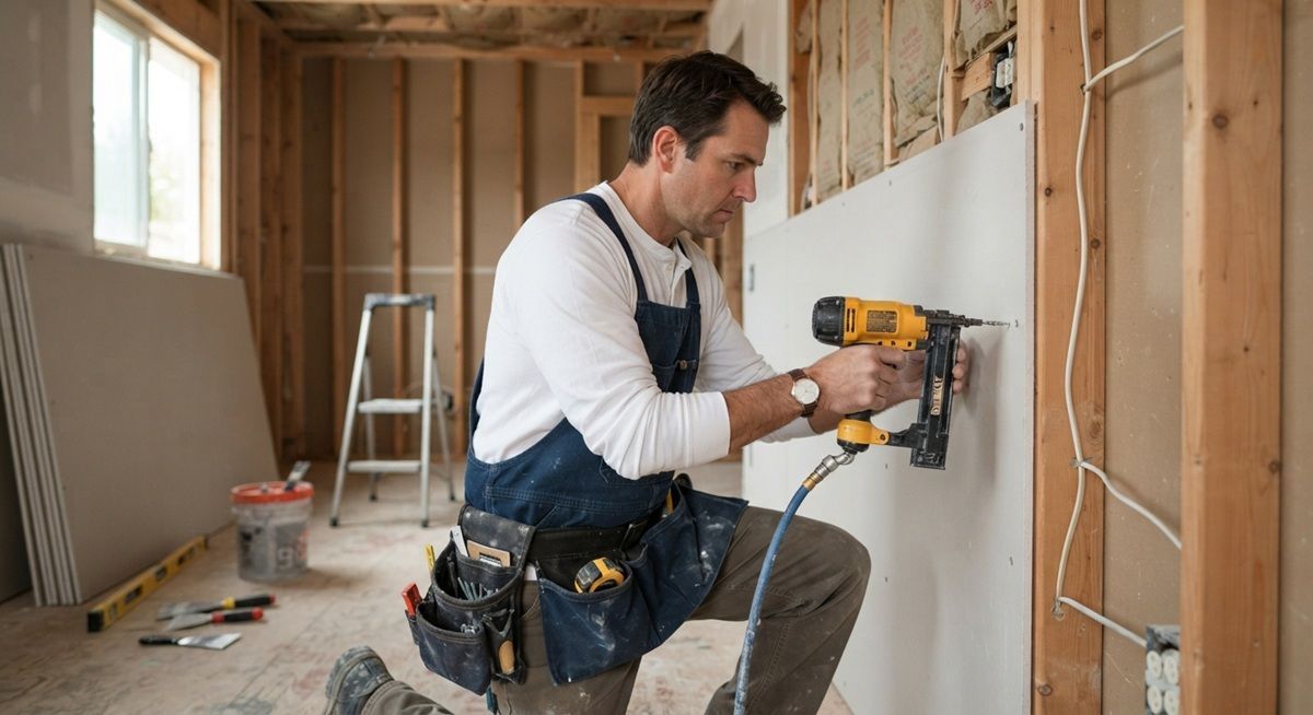 Technician fastening measured drywall panels to studs in Merced