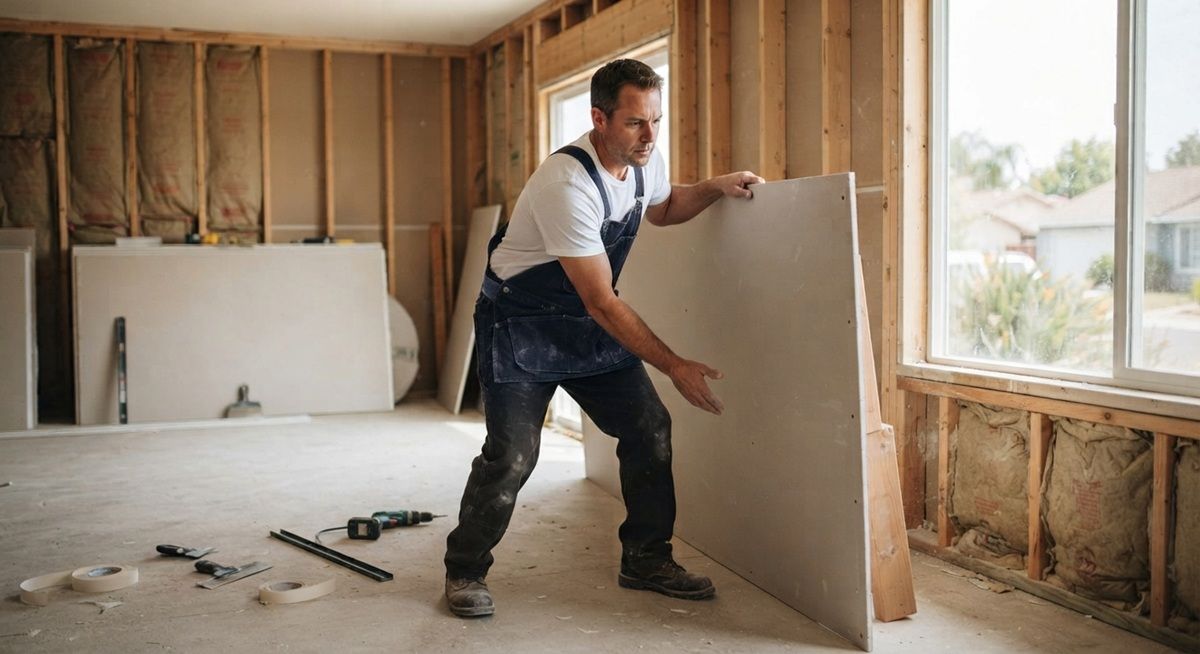 Technician lifting a drywall panel into position during a Merced project