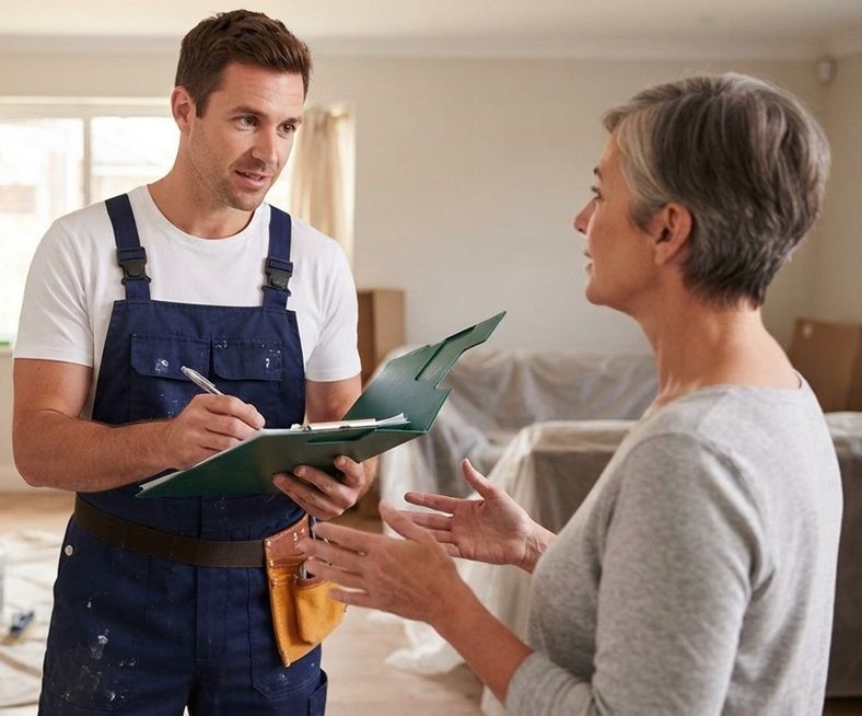 Drywall technician discussing a repair assessment with a Merced, CA homeowner
