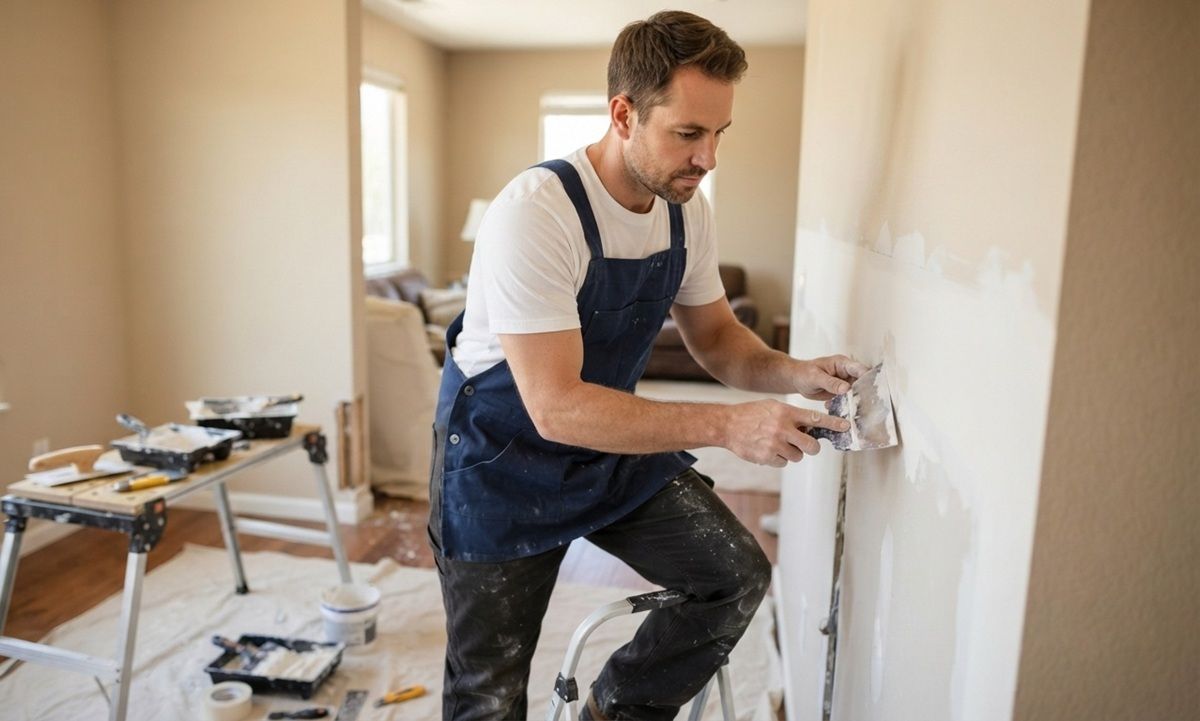 Experienced drywall technician repairing an interior wall in Merced