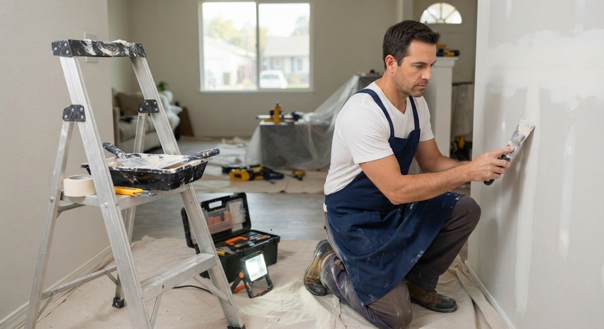 Technician maintaining an organized drywall repair worksite in Merced, CA