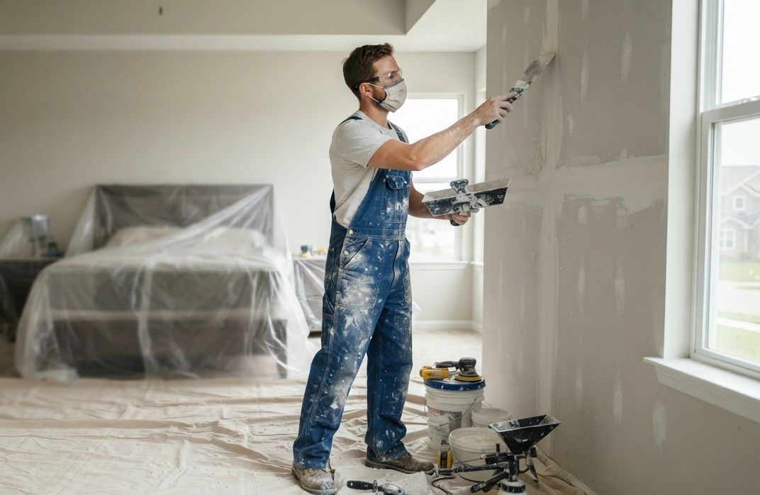 Experienced drywall technician working on a Merced, CA home