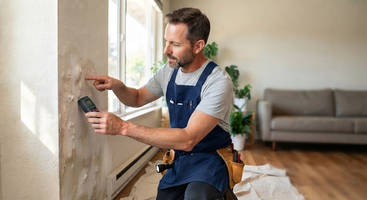 Large water-damaged drywall area being assessed in a Merced, CA property