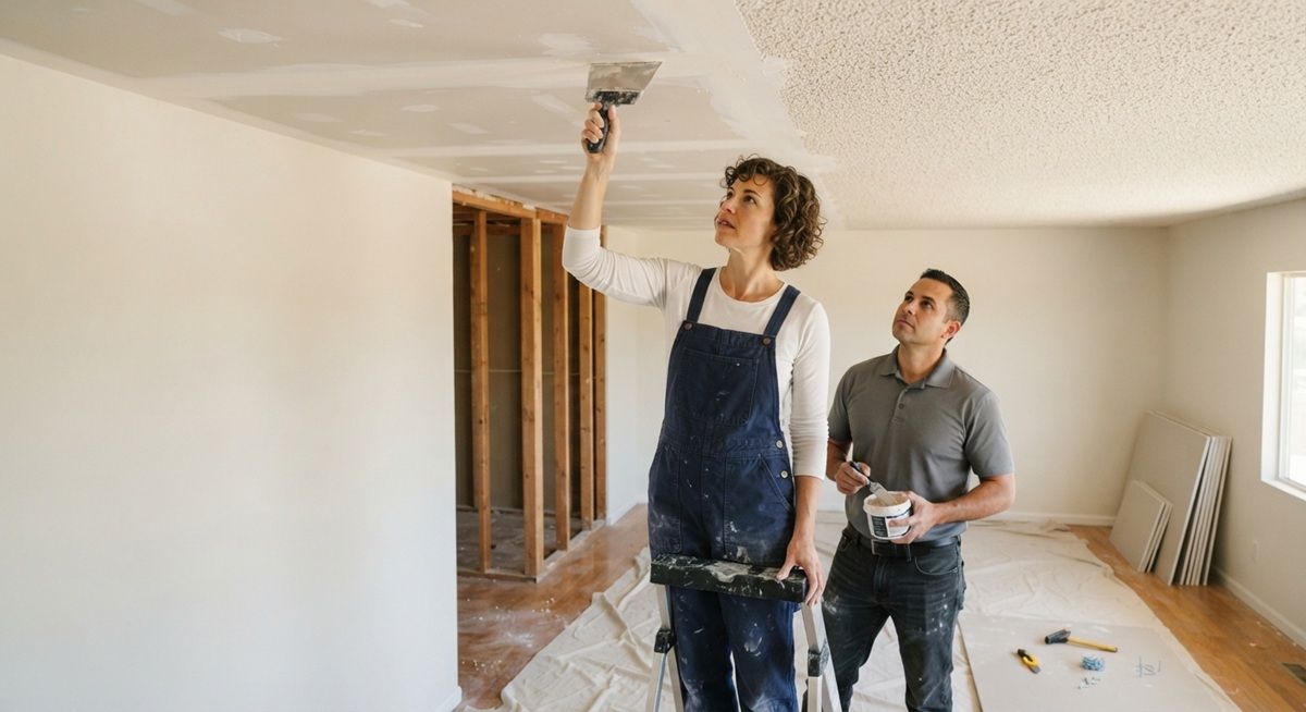 Popcorn ceiling removal showing unfinished and smoothed sections in a Merced home