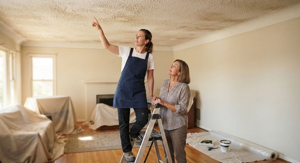 Outdated popcorn ceiling texture inside an older Merced home
