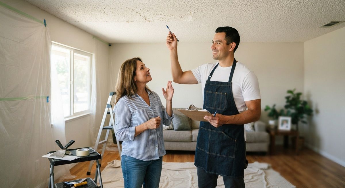 Technician discussing popcorn ceiling removal with a Merced homeowner