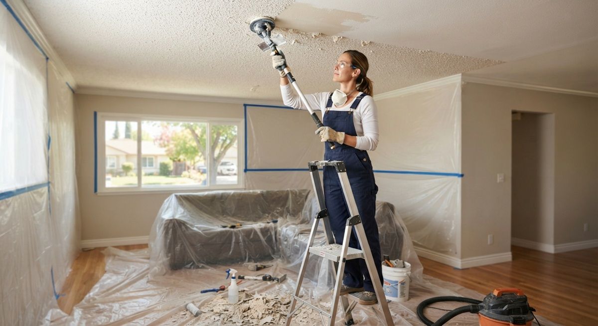Technician beginning the popcorn ceiling removal process in Merced