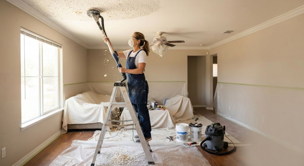 Professional drywall tools being used for popcorn ceiling removal in Merced