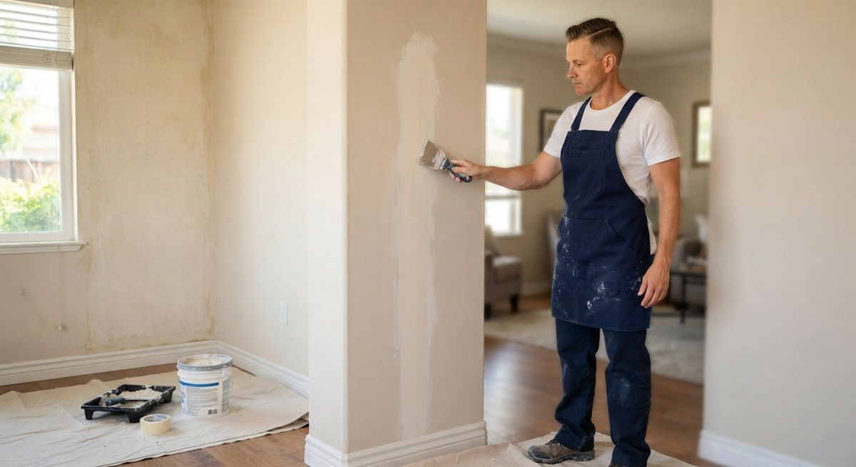 Recently repaired water-damaged drywall in a Merced, CA home