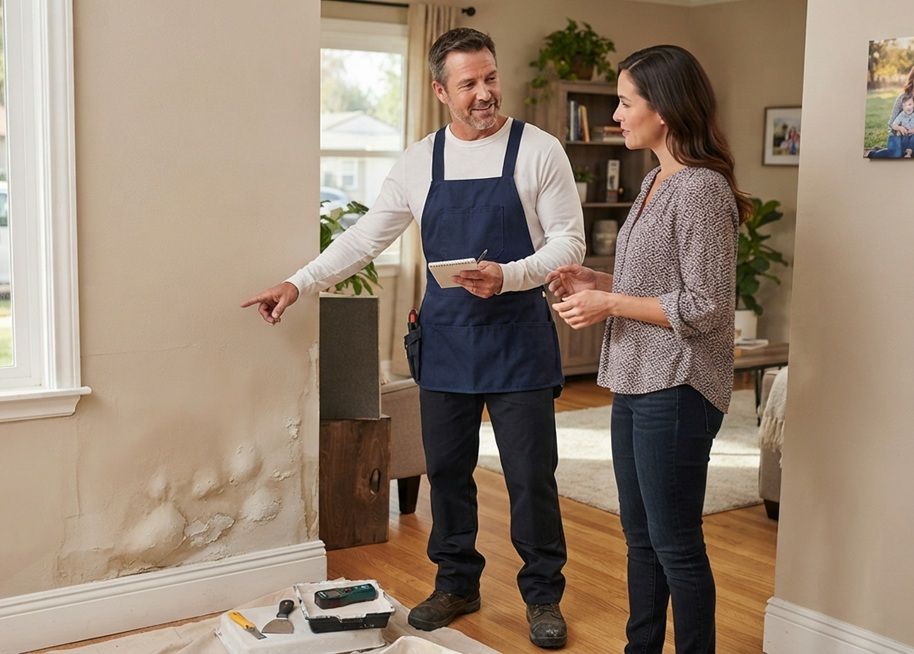 Homeowner discussing water-damaged drywall repair with a technician in Merced, CA