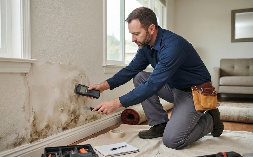 Technician inspecting water-damaged drywall before repair in Merced, CA