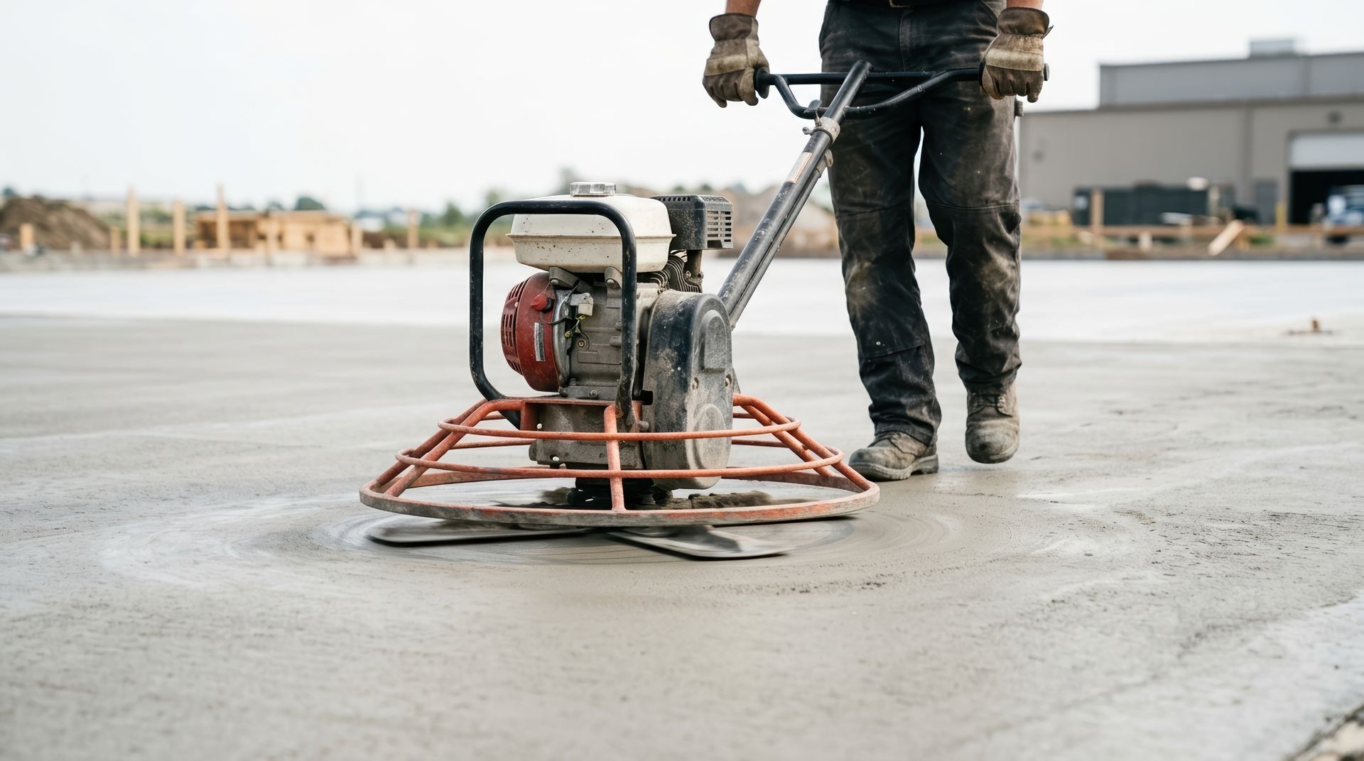 Commercial paving contractor guiding a gas-powered walk-behind trowel across a freshly poured slab.