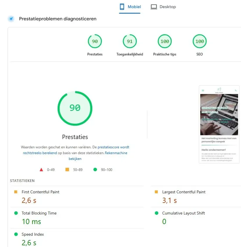 page speed test voorbeeld - Maro Media