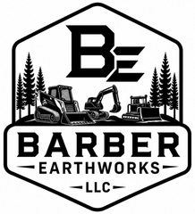 Black-and-white Barber Earthworks LLC logo with excavators, a bulldozer, pine trees, and a bold &ldquo;B&rdquo; emblem