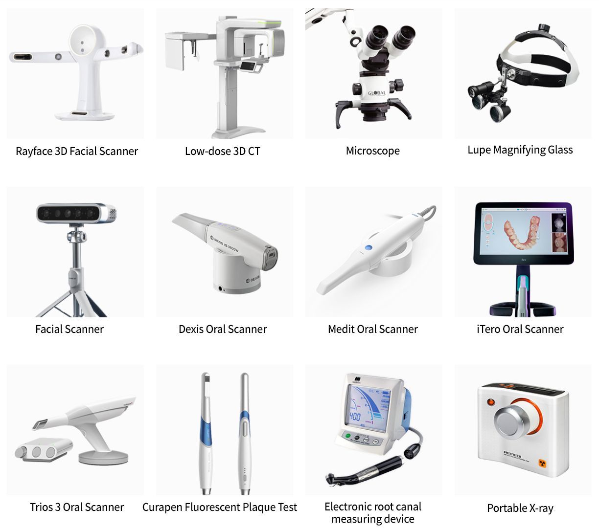 Eight pieces of dental equipment, including a panoramic X-ray machine, microscope, headlamp, and intraoral scanners.