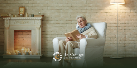 A senior sitting on a couch reading a book alone