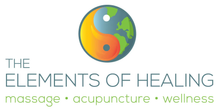 Logo for The Elements of Healing featuring a circular yin-yang symbol blending earth and sun elements, with business text.