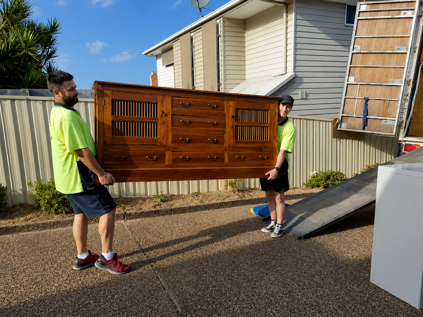 Two people carry a wooden dressing table from a house during an outdoor move.