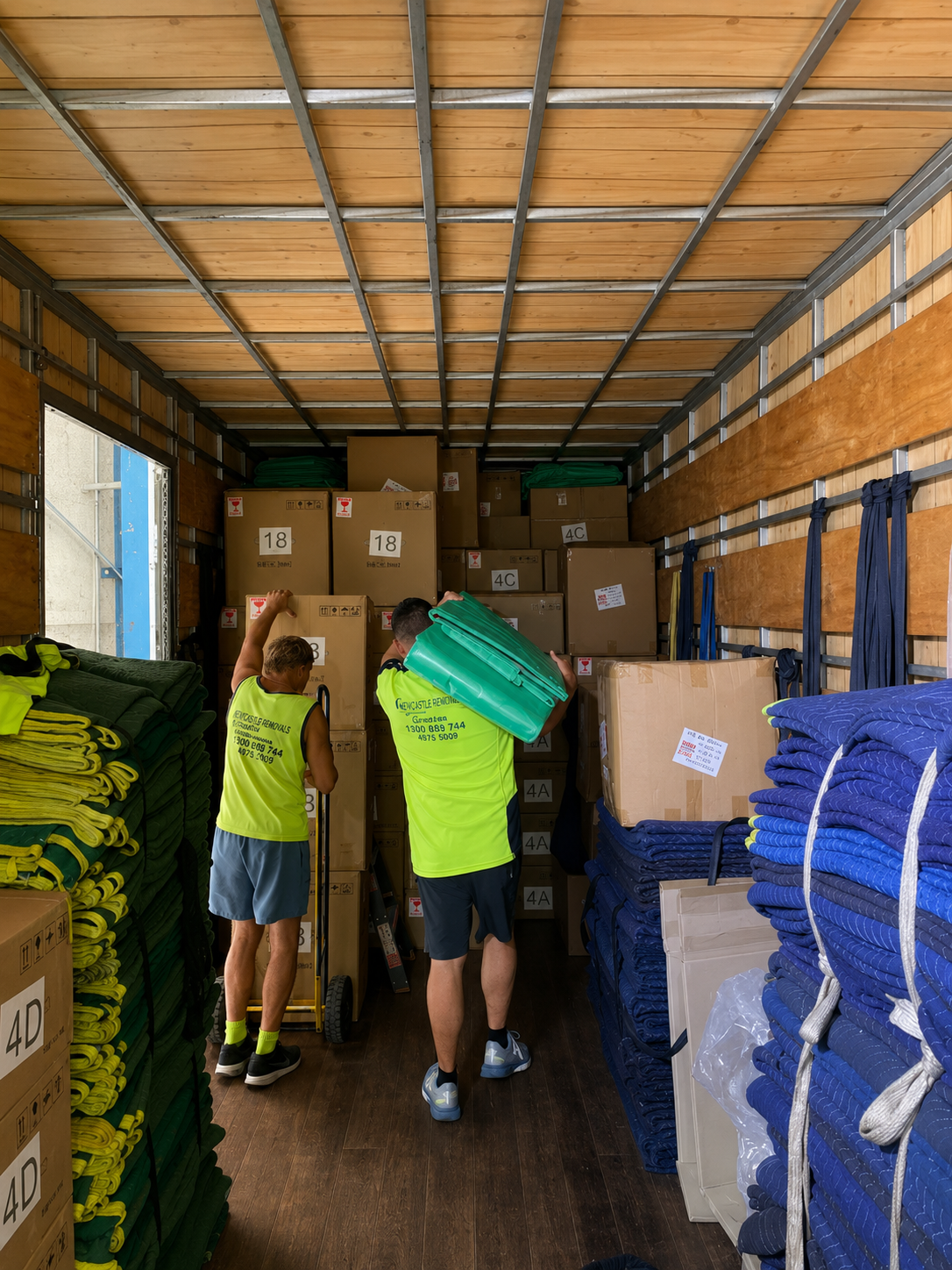 Two workers loading boxes and blue bags inside a truck filled with stacked moving supplies