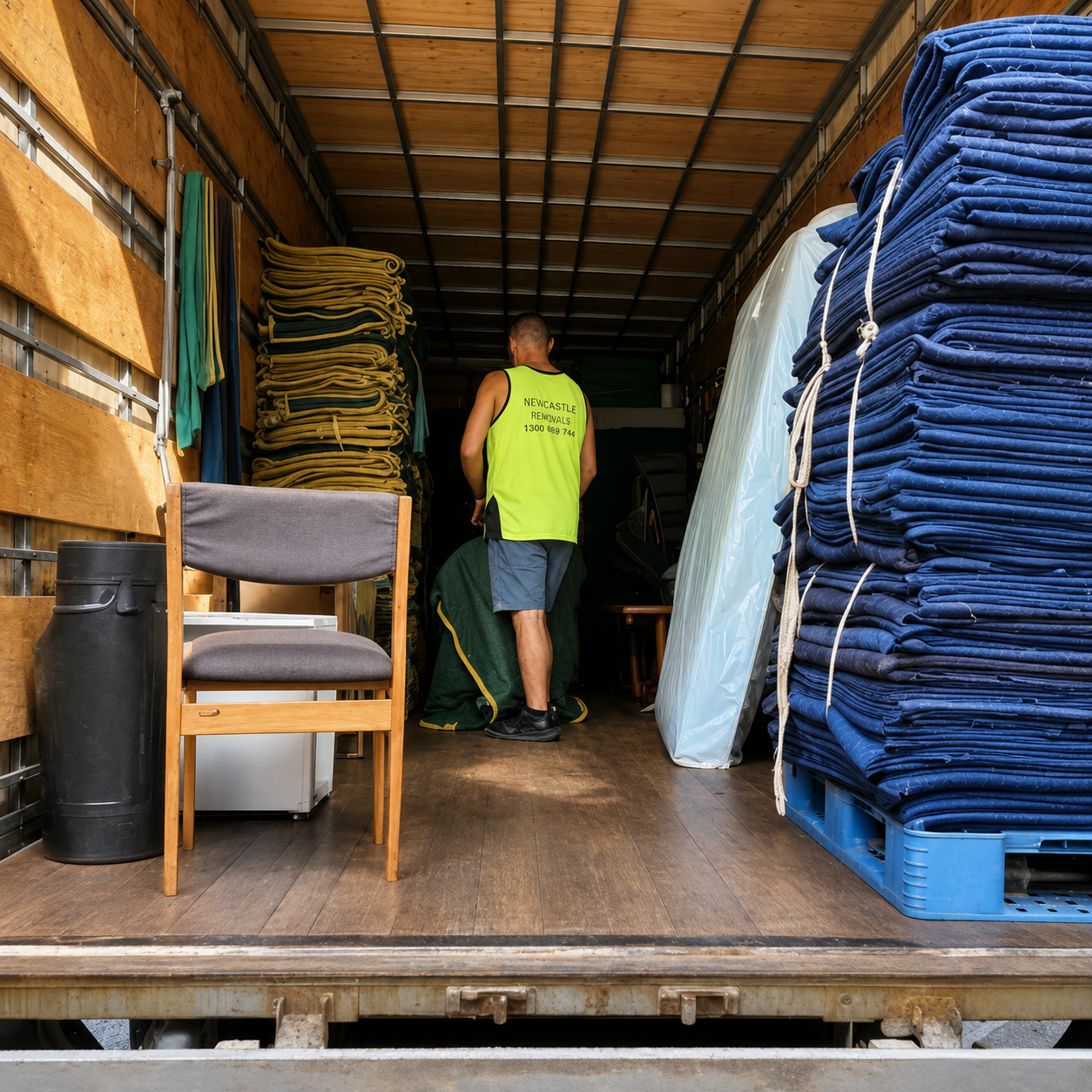Worker standing inside a cargo truck loaded with stacked blue and yellow mats
