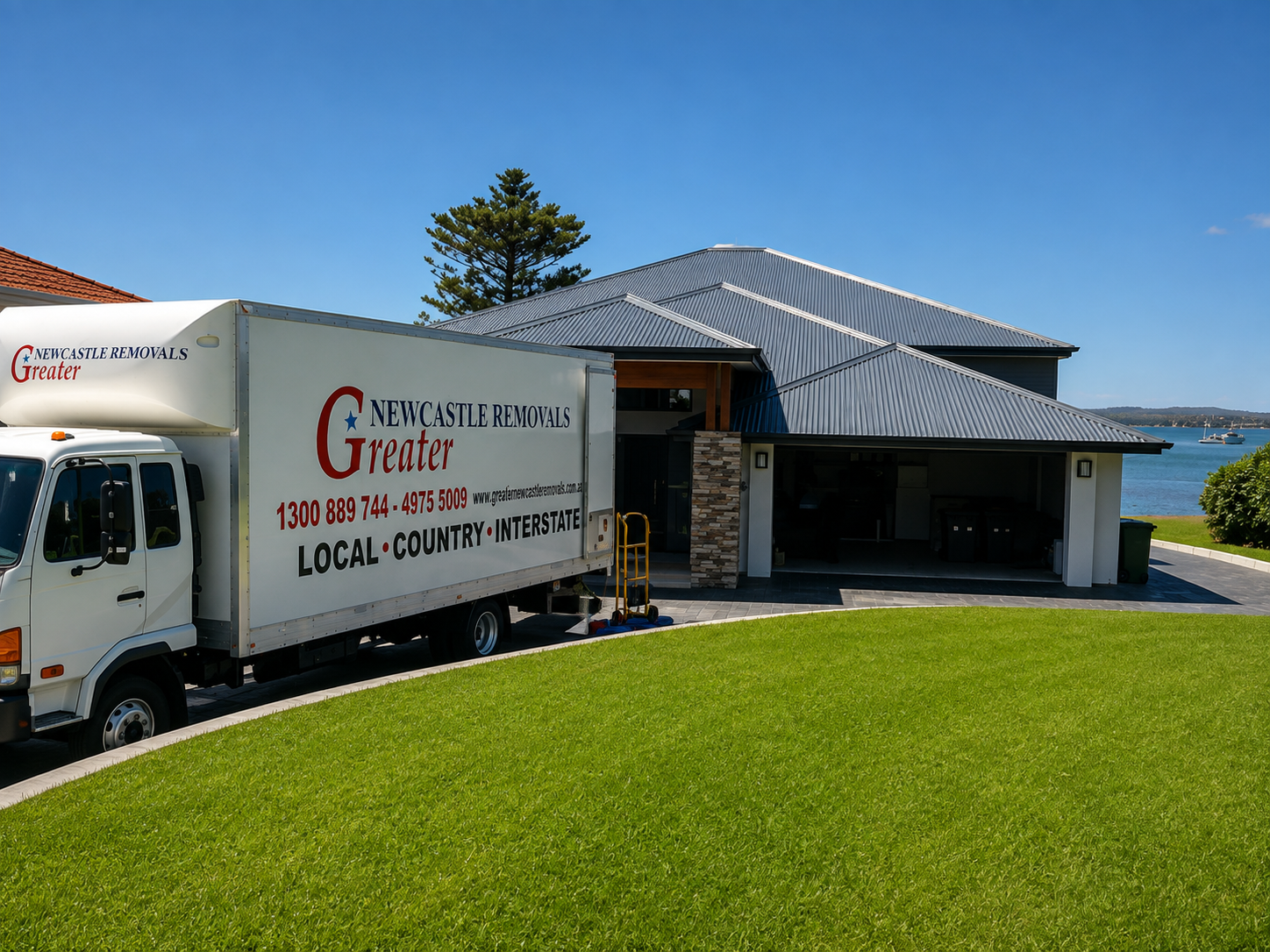 Removalist truck parked beside a waterfront building under a clear blue sky
