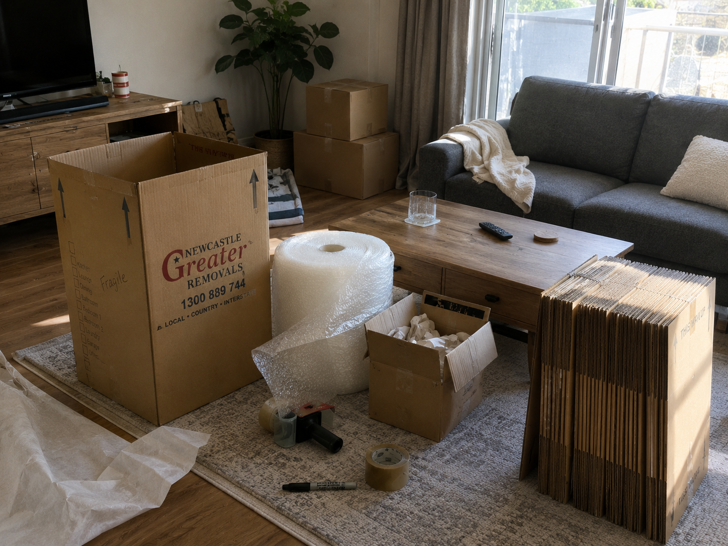 Living room with moving boxes, bubble wrap, and packed supplies around a coffee table and sofa
