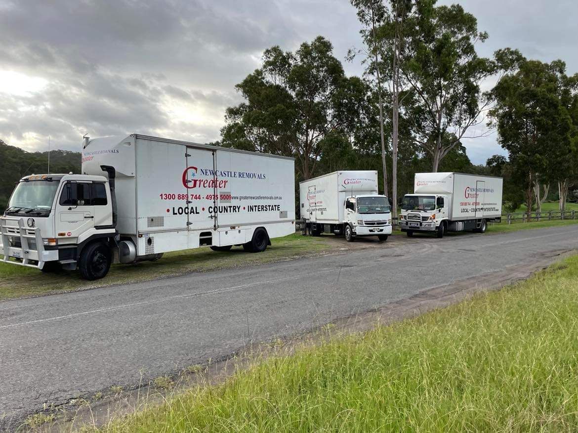 Three white delivery trucks parked on a gravel road beside trees and grass under cloudy skies