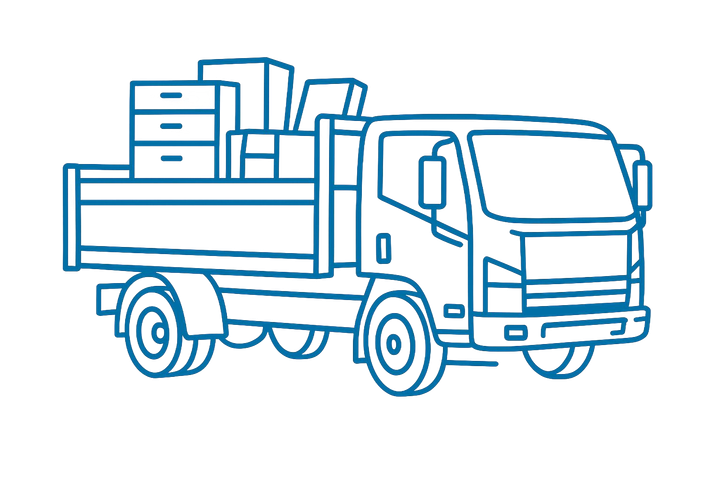 A white truck with a box on the back is on a white background.