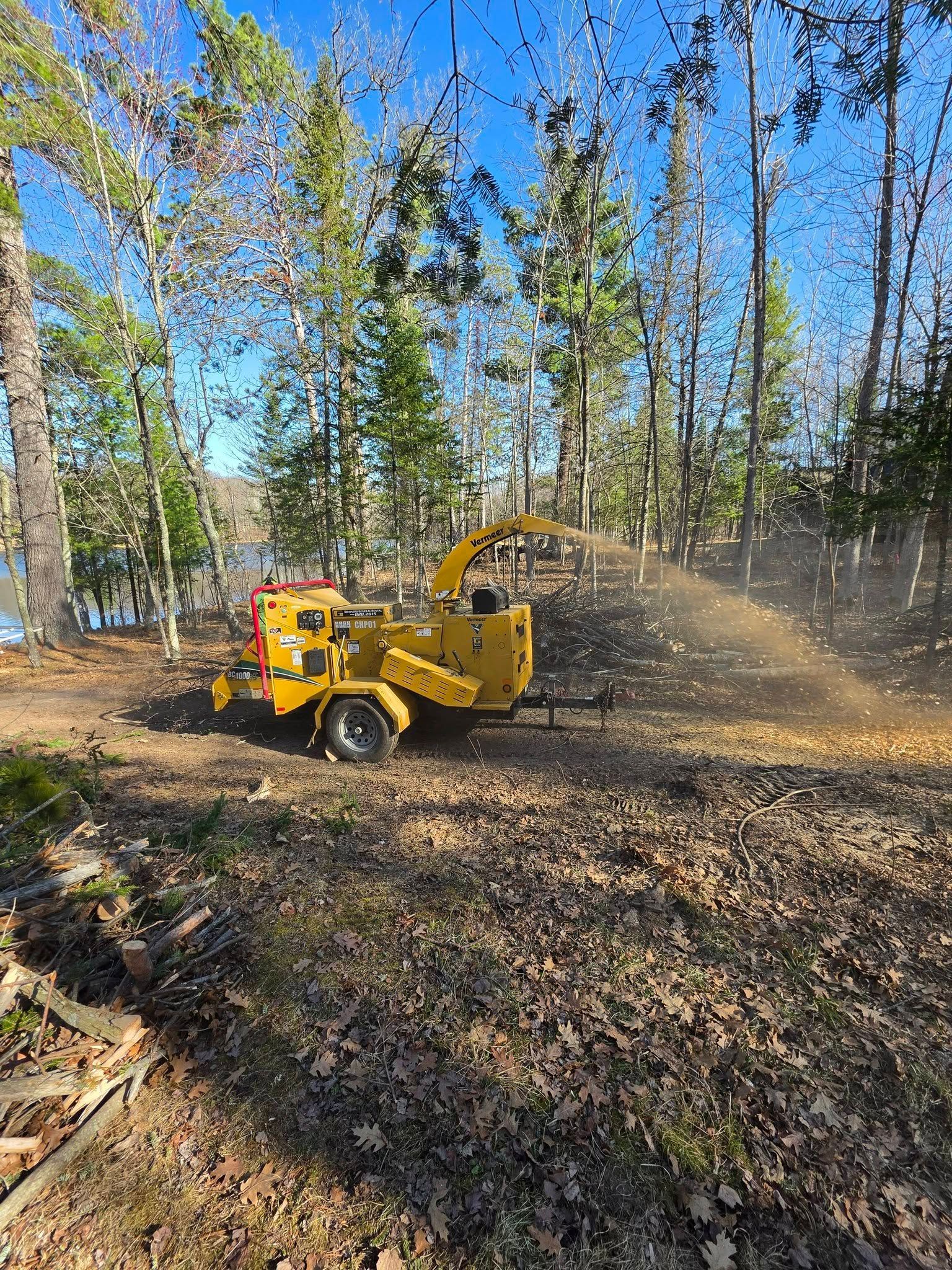 Yellow wood chipper blowing debris in a wooded area on a sunny day