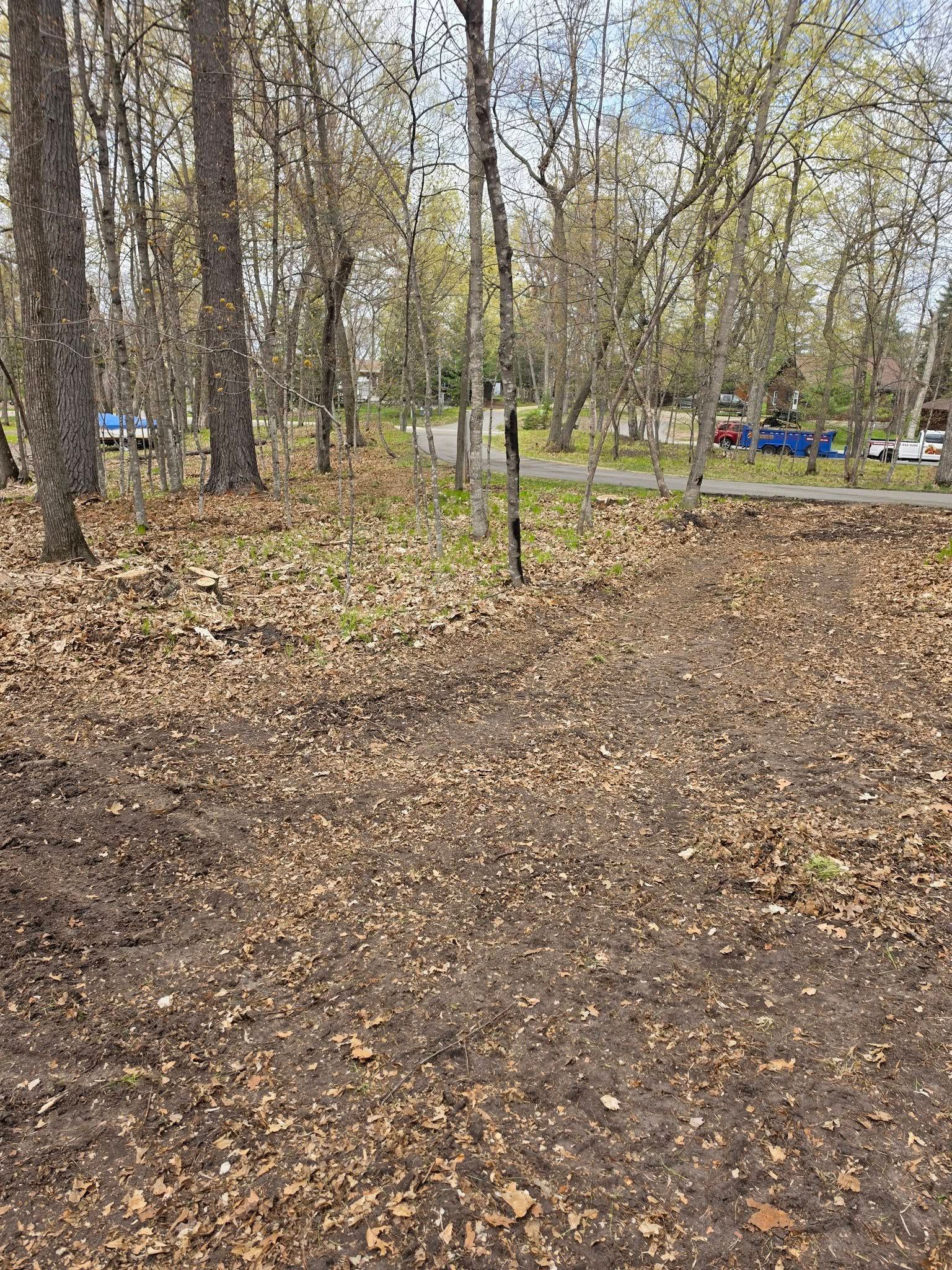 Leaf-covered wooded park path with bare trees and a picnic table in the background