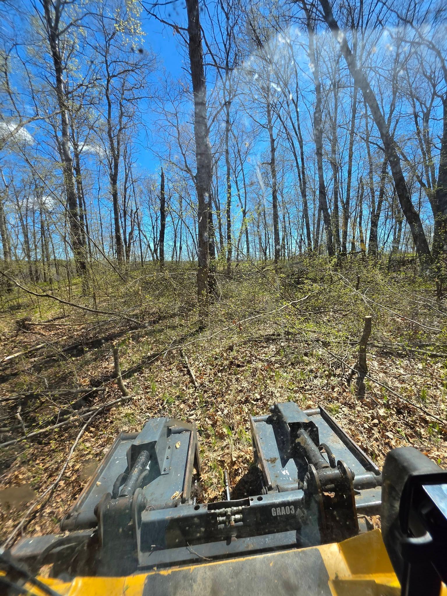 View from a vehicle on a wooded hillside with bare trees and blue sky, showing front equipment in the foreground