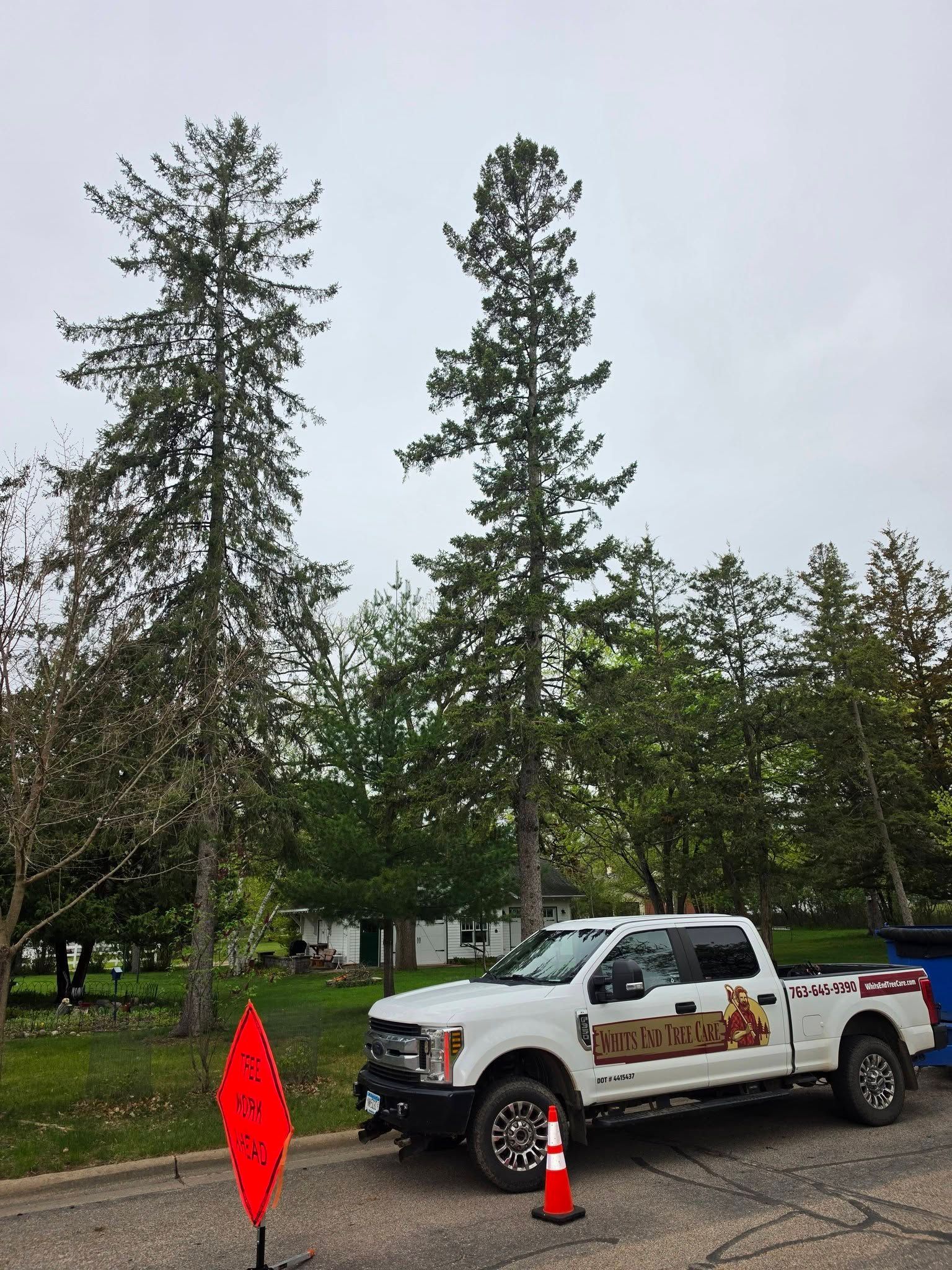 White pickup truck parked by trees on a cloudy day, with a red marker in the foreground.
